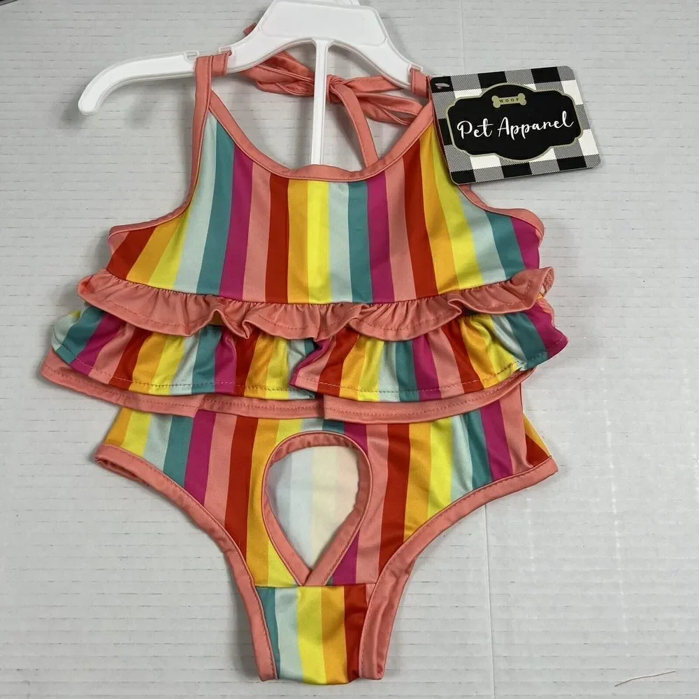 RAINBOW Stripe Dog Swim Suit Bikini L Large NEW Bathing Suit Costume